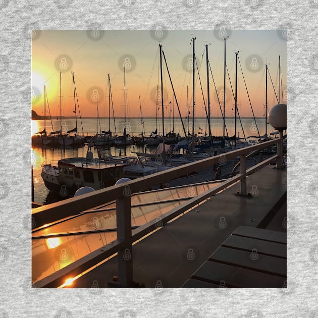 Peaceful sunset over marina with sailboat mast on Baltic sea in Langballig yachting harbor, Schleswig- Flensburg, Germany by Khala